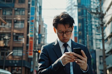 An annoyed asian businessman walking in the city while looking at his smartphone - obrazy, fototapety, plakaty
