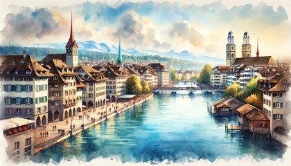 Watercolor landscape of Zurich, Switzerland