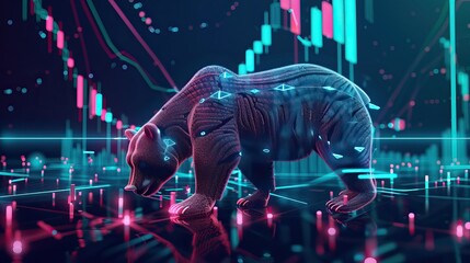 A digital bear overlaid with a stock market graph in a cybernetic space with neon accents