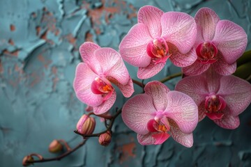 Striking pink orchids contrast against a textured blue background, emphasizing beauty and color