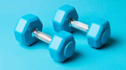 Top View Fitness: Blue Dumbbells Pair on Pastel Background, Ideal for Gym Workout, Exercise, and Strength Training Sessions – Healthy Lifestyle Concept