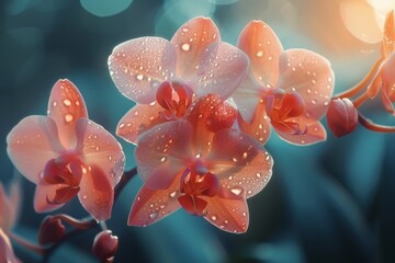 Clear water droplets rest on the petals of radiant orchids, enhancing their innate splendor amidst a soft, dreamlike background