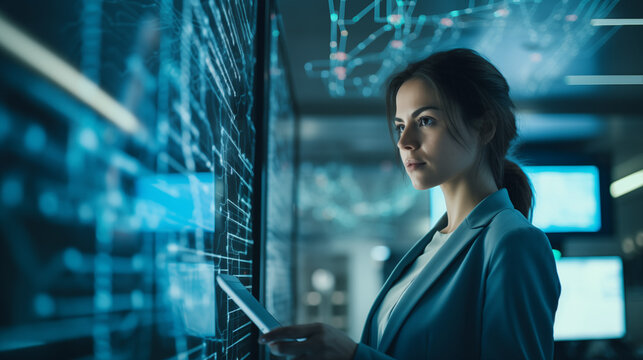 Woman Scientific Researcher Observing Electronic Display Board with Data: Demonstrating Dedication and Expertise in Analyzing Scientific Information. Perfect for Laboratory Settings, Research