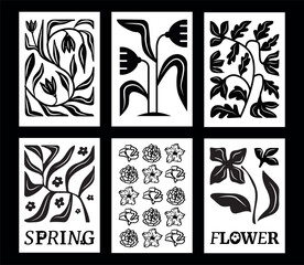 A set of black and white posters with foliage and flowers inspired by Matisse's work. Vector interior designs.