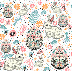 Easter seamless pattern with cute bunnies, eggs and flowers. - 756526213