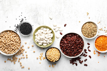Various types of legumes, beans, lentils. chickpeas and peas, top view