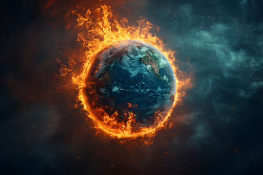 The planet Earth is dramatically encircled by flames against a cosmic backdrop. Climate change problem. Care for the environment. Ecological problems. 