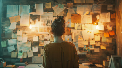 Back view of entrepreneur at workspace in a well-organized creative home office mess, showcasing a vision board, thoughtful planning, and ideas on the wall, narrating the story of dreams and strategy.
