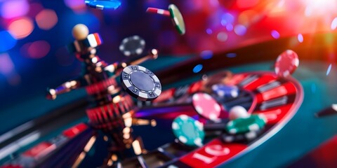 Vibrant casino scene with poker chips cascading onto a roulette table in motion. Concept Casino Theme, Poker Chips, Roulette Table, Vibrant Scene, Motion Capture