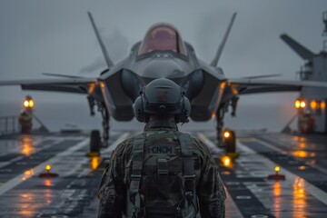 Pilot conducts pre-takeoff checks on F-35 jet on aircraft carrier