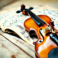 Eine alte Geige mit Notenblättern