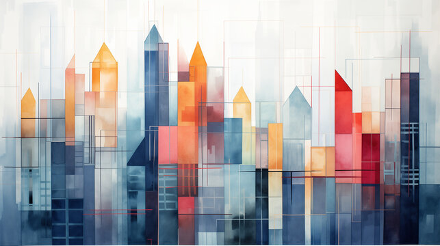 Watercolor painting of a vibrant abstract cityscape, with a mix of warm and cool hues creating a striking visual effect.