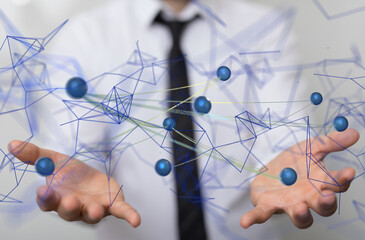 abstract lines with dots over dark background.  - neural network exposure digital