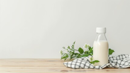 Fototapeta na wymiar Fresh milk bottle on wooden table with white flowers