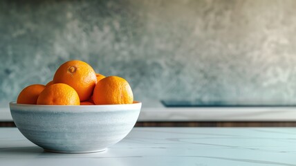 Fresh oranges in a ceramic bowl on a marble countertop, kitchen still life