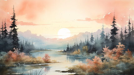 As the sun sets behind a misty pine forest, its warm glow envelops a gentle river below, where birds take flight, adding to the enchanting beauty of the scene.