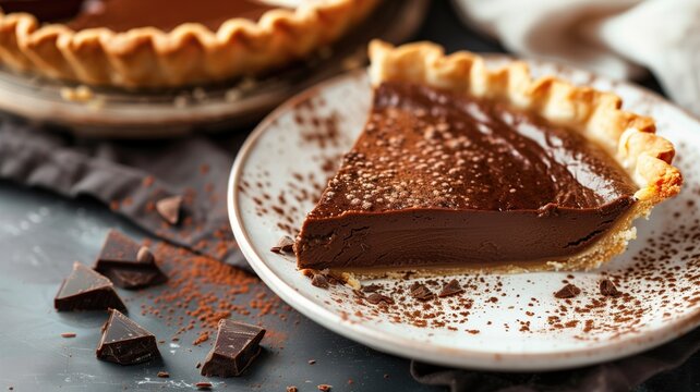 Delectable chocolate pie slice on ceramic plate, cocoa sprinkled