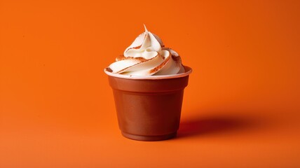 A swirl of soft-serve ice cream in a terracotta pot on an orange background