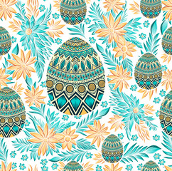 Easter eggs and flowers seamless pattern