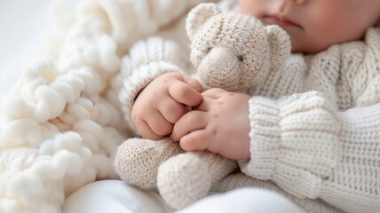 Baby holding a toy bear while sleeping - obrazy, fototapety, plakaty