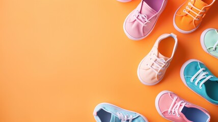 Assorted colorful sneakers on orange background
