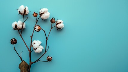 Natural cotton branch with open bolls against a serene turquoise background