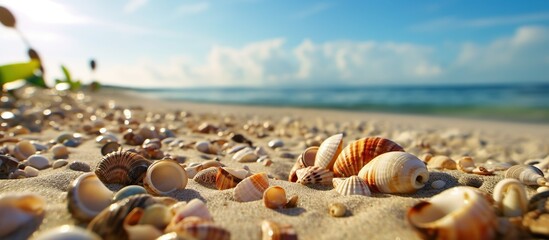 Fototapeta na wymiar Seashells on the beach at sunset. Sea background