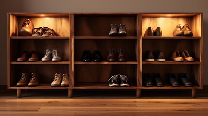 Obraz na płótnie Canvas Wooden shelves with different shoes in a row. 3d rendering