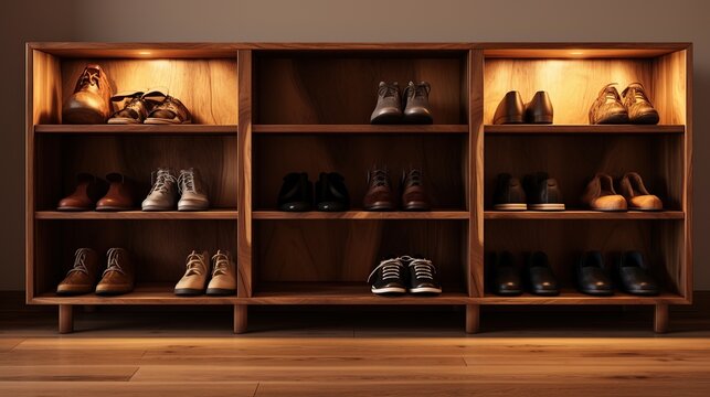 Wooden shelves with different shoes in a row. 3d rendering