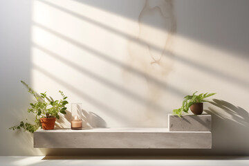 Minimalist Presentation Podium in Bright Natural Light. Simple beige presentation platform. Three potted plants on a shelf, showcasing lush foliage and adding greenery to the space.