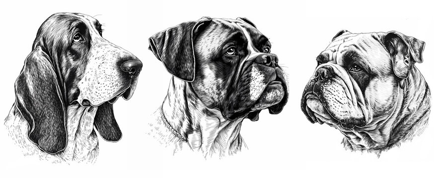 Three realistic pencil or ink portraits of dog breeds: basset hound, boxer and english bulldog on white background. Hand drawn illustration for vet or pet shop