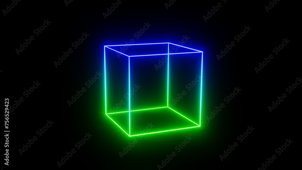 Poster 3d abstract futuristic blue and green neon retro wireframe grid cube. 80s 90s geometric math isolate