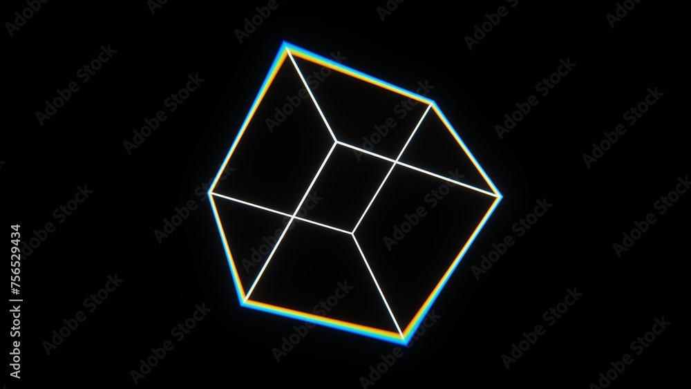 Poster 3d abstract futuristic lens distortion vfx black and white retro wireframe grid cube. 80s 90s geomet