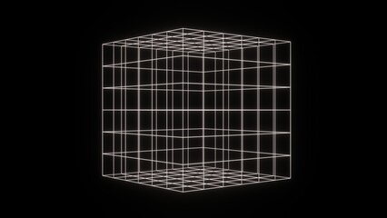 3d abstract futuristic black and white retro wireframe grid cube. 80s 90s geometric math background. Rotating in space