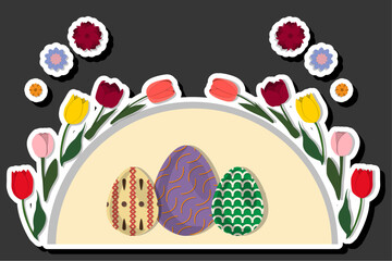 Illustration on theme celebration holiday Easter with hunt colorful bright eggs, banner consisting of hunt different Easter eggs, beautiful Easter eggs are main accessory at abstract background