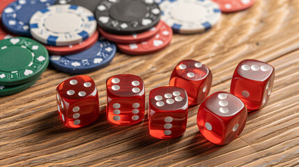 Red dice and poker chips on wooden table - Powered by Adobe