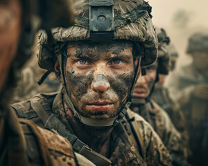 Fototapeta premium Multiple armed soldiers looking directly at the camera positioned in a smoggy and dust-laden setting