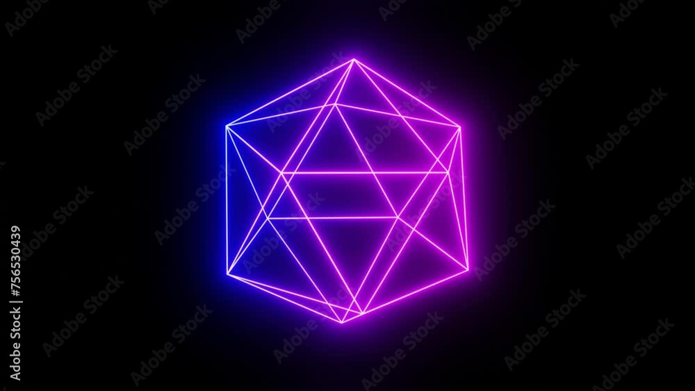 Poster 3d abstract neon blue and pink wireframe grid futuristic retro disco hexagon background with triangles in space isolated black. Animation 30fps 4k loop