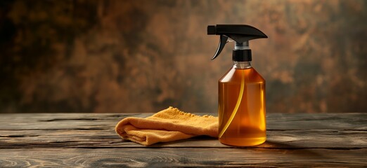 Transparent  Amber spray bottle bottle with cleaning solution on wooden surface with yellow microfiber cloth. Cleaning products and household design and advertising concept. 