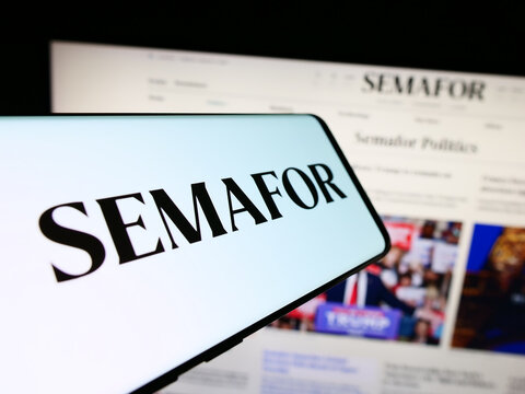 Stuttgart, Germany - 03-05-2024: Mobile phone with logo of American media company Semafor Inc. in front of business website. Focus on center-right of phone display.