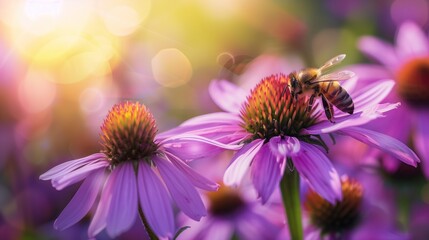 A bee collecting nectar from a vibrant purple coneflower against the backdrop of a sunlit meadow. - Powered by Adobe