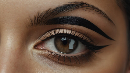 Obraz premium Beautiful female eyes with long eyelashes eyeliner Eyelash extension Makeup cosmetics beauty Close up macro Beautiful woman face make-up master blush on cheeks beauty model girl portrait of a girl wit