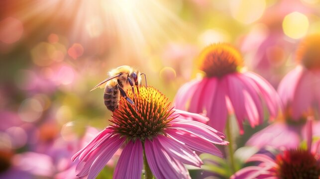A bee collecting nectar from a vibrant purple coneflower against the backdrop of a sunlit meadow.
