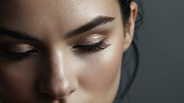 Beautiful female eyes with long eyelashes eyeliner Eyelash extension Makeup cosmetics beauty Close up macro Beautiful woman face make-up master blush on cheeks beauty model girl portrait of a girl wit