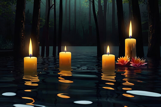 Digital artwork depicting flowers and candles floating on water, set against a dark forest background. Mystical and serene ambiance captured in this image.