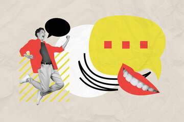 Composite photo collage of young man jump joy cry communication date friend lips smile dialogue textbooks isolated on painted background