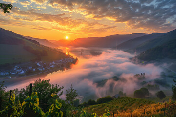 Mosel Valley Covered in Fog at Sunrise, near Bremm, Cochem-Zell District, Rhineland-Palatinate, Germany