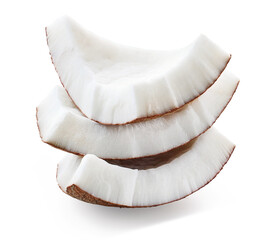 Stack of three fresh coconut pieces or slices on white background - 756531262