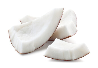 Group of three fresh coconut pieces or slices on white background - 756531276