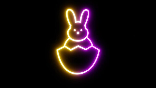 3D abstract neon glowing pink and yellow Easter rabbit in egg icon. Digital retro sign isolated black. Animation 30fps 4k loop